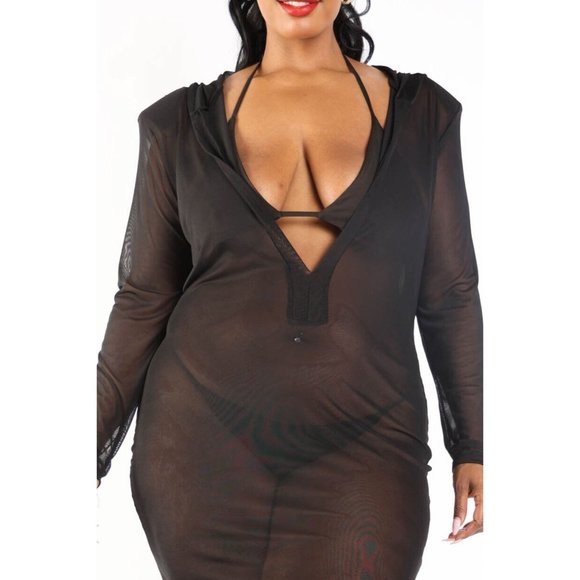 Women's Casual Long Sleeve Deep V-Neck Hooded Mesh Cover-Up Sexy Mini Dress. - Picture 2 of 10